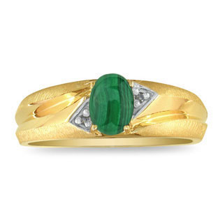 Yellow Gold Matte-Polished Finish Diamond Malachite Men's Ring