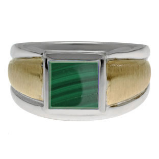 Two Tone 14K Gold Silver Men's Square Malachite Ring