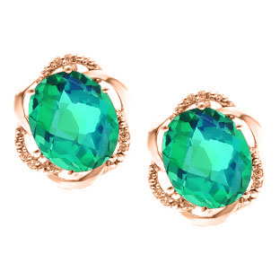 Bold Oval Cut Caribbean Quartz Gemstone Diamond Rose Gold Earrings