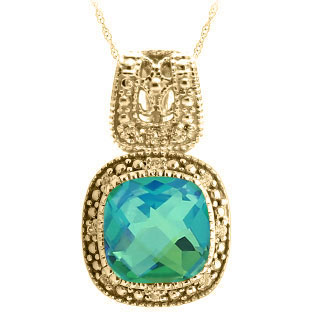 Cushion-Cut Caribbean Quartz Yellow Gold Diamond Filigree Vintage Style Pendant