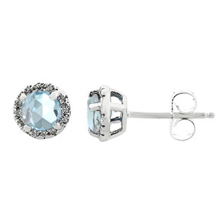 Aquamarine Gemstone Diamond Halo Stud Earrings In White Gold