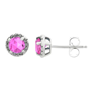 Pink Sapphire Gemstone Diamond Halo Stud Earrings In White Gold