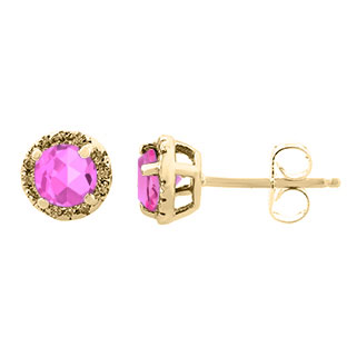Pink Sapphire Gemstone Diamond Halo Stud Earrings In Yellow Gold