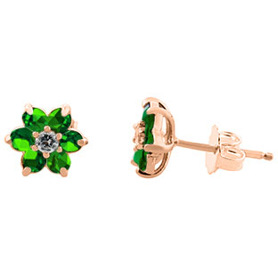 Emerald Gemstone Diamond Flower Stud Earrings In Rose Gold