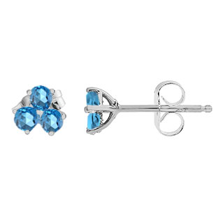 Blue Topaz Gemstone 3-Stone Stud Earrings In White Gold