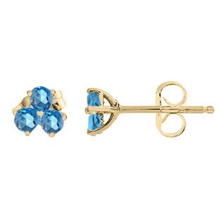 Blue Topaz Gemstone 3-Stone Stud Earrings In Yellow Gold
