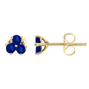 Blue Sapphire Gemstone 3-Stone Stud Earrings In Yellow Gold