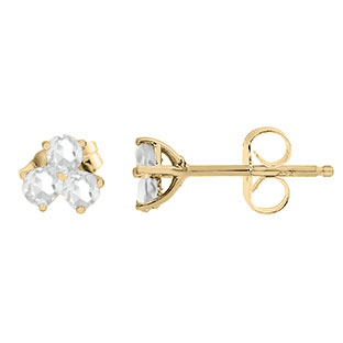 White Topaz Gemstone 3-Stone Stud Earrings In Yellow Gold