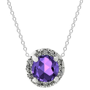 Amethyst Gemstone Diamond Halo Pendant In White Gold