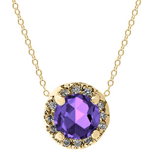 Amethyst Gemstone Diamond Halo Pendant In Yellow Gold