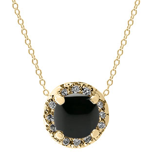 Black Onyx Gemstone Diamond Halo Pendant In Yellow Gold