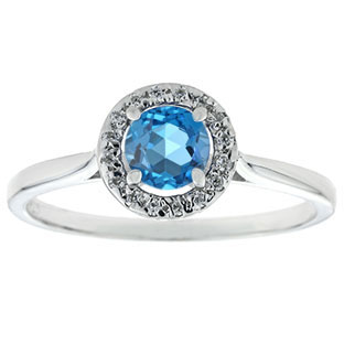 Halo Jewelry - Blue Topaz Birthstone Diamond Halo Ring In White Gold