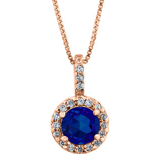 Halo Jewelry - Blue Sapphire Birthstone Diamond Halo Pendant In Rose Gold