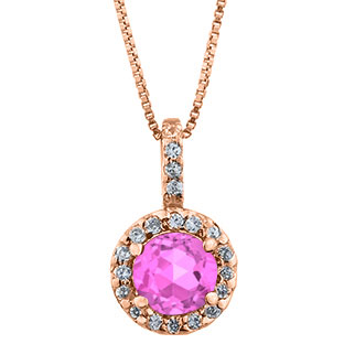 Halo Jewelry - Pink Sapphire Birthstone Diamond Halo Pendant In Rose Gold
