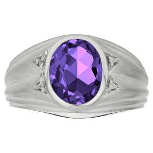 Oval Cut Amethyst Birthstone Diamond Men's Ring In White Gold