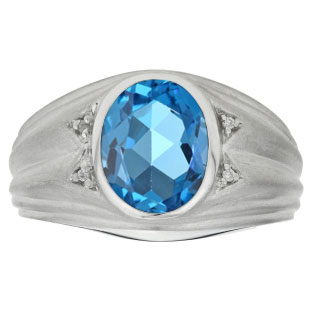 Oval Cut Blue Topaz Birthstone Diamond Men's Ring In White Gold
