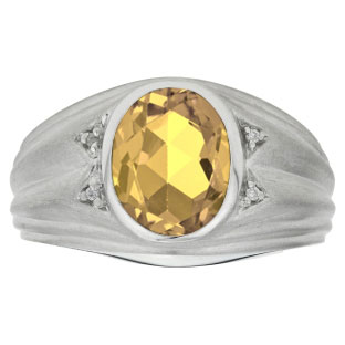 Oval Cut Citrine Birthstone Diamond Men's Ring In White Gold