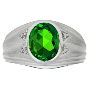 Oval Cut Emerald Birthstone Diamond Men's Ring In White Gold