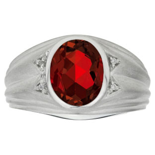 Oval Cut Garnet Birthstone Diamond Men's Ring In White Gold