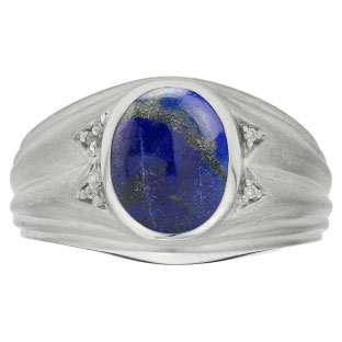 Oval Cut Lapis Birthstone Diamond Men's Ring In White Gold