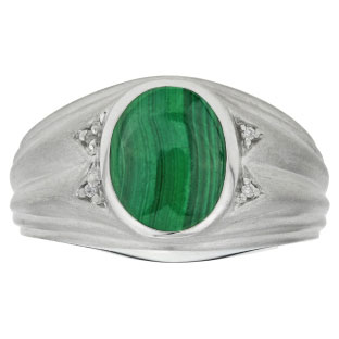 Oval Cut Malachite Birthstone Diamond Men's Ring In White Gold
