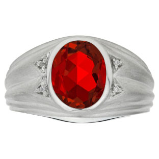 Oval Cut Ruby Birthstone Diamond Men's Ring In White Gold