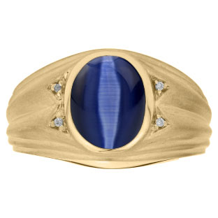 Oval Cut Blue Cat Eye Birthstone Diamond Men's Ring In Yellow Gold