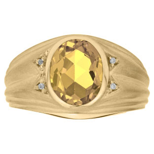 Oval Cut Citrine Birthstone Diamond Men's Ring In Yellow Gold