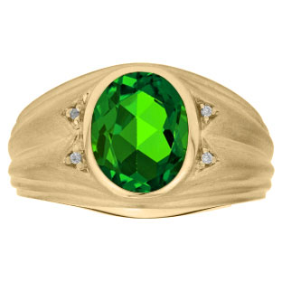 Oval Cut Emerald Birthstone Diamond Men's Ring In Yellow Gold