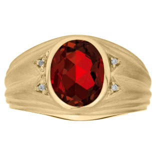 Oval Cut Garnet Birthstone Diamond Men's Ring In Yellow Gold