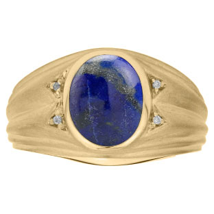 Oval Cut Lapis Birthstone Diamond Men's Ring In Yellow Gold