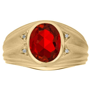 Oval Cut Ruby Birthstone Diamond Men's Ring In Yellow Gold
