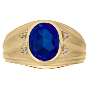 Oval Cut Sapphire Birthstone Diamond Men's Ring In Yellow Gold