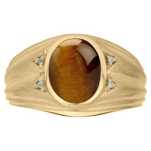 Oval Cut Tiger Eye Birthstone Diamond Men's Ring In Yellow Gold