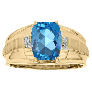 Cushion Cut Blue Topaz Gemstone Diamond Men's Ring In Yellow Gold