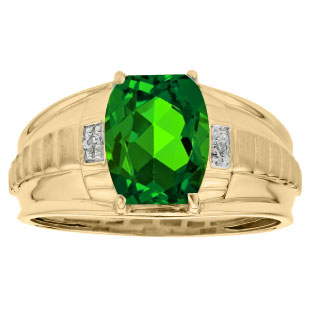 Cushion Cut Emerald Gemstone Diamond Men's Ring In Yellow Gold