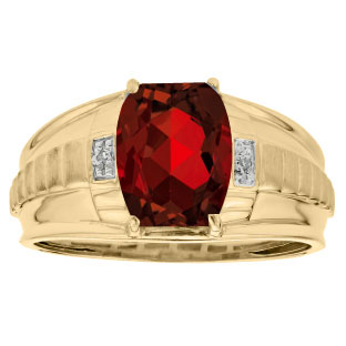Cushion Cut Garnet Gemstone Diamond Men's Ring In Yellow Gold
