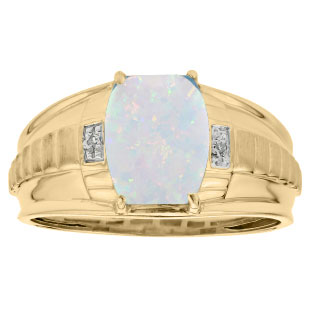 Cushion Cut Opal Gemstone Diamond Men's Ring In Yellow Gold