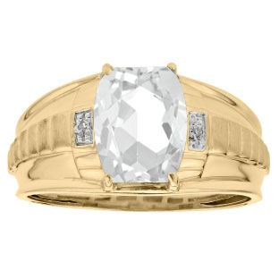 Cushion Cut White Topaz Gemstone Diamond Men's Ring In Yellow Gold
