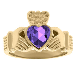Amethyst Birthstone Heart Irish Claddagh Symbol Men's Wedding Ring In Yellow Gol