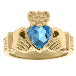 Blue Topaz Birthstone Heart Irish Claddagh Symbol Men's Wedding Ring In Yellow G
