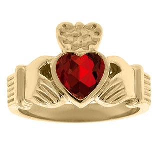 Garnet Birthstone Heart Irish Claddagh Symbol Men's Wedding Ring In Yellow Gold