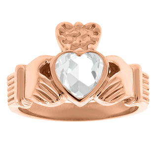 White Topaz Birthstone Heart Irish Claddagh Symbol Men's Wedding Ring In Rose Go