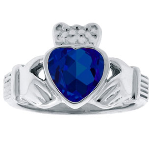 Sapphire Birthstone Heart Irish Claddagh Symbol Wedding Ring In White Gold