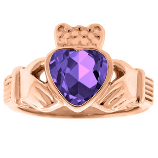 Amethyst Birthstone Heart Irish Claddagh Symbol Wedding Ring In Rose Gold