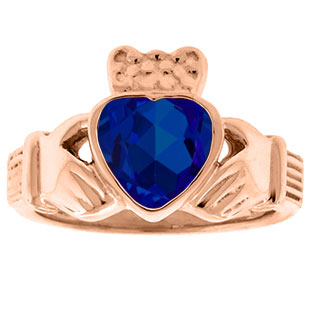 Sapphire Birthstone Heart Irish Claddagh Symbol Wedding Ring In Rose Gold