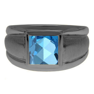 Black Rhodium Plated White Gold Men's Square Blue Topaz Ring