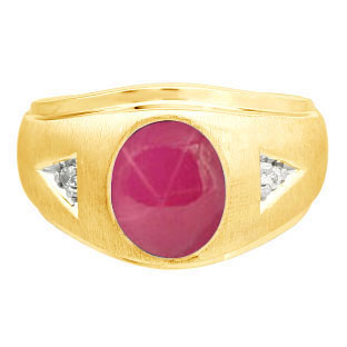 Diamond and Oval Red Star Ruby Gemstone Men's Yellow Gold Ring