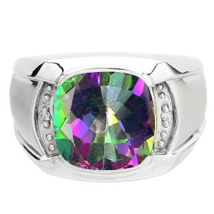 Big Men's Diamond Cushion Cut Mystic Topaz Sterling Silver Ring