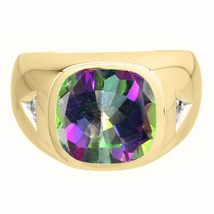 Diamond and Antique Cushion Cut Mystic Topaz Men's Yellow Gold Ring